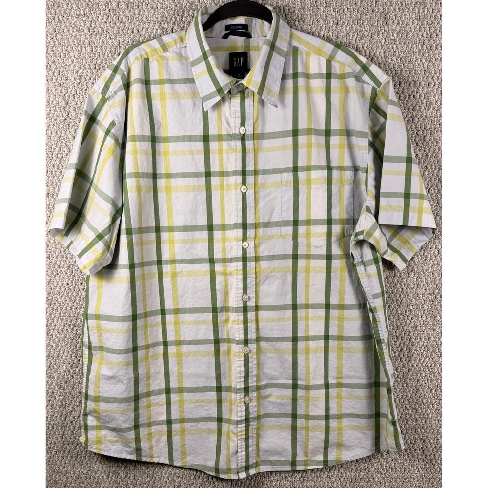 GAP Relaxed Fit Plaid Shirt XL Green Yellow White Short Sleeve Button Down Shirt